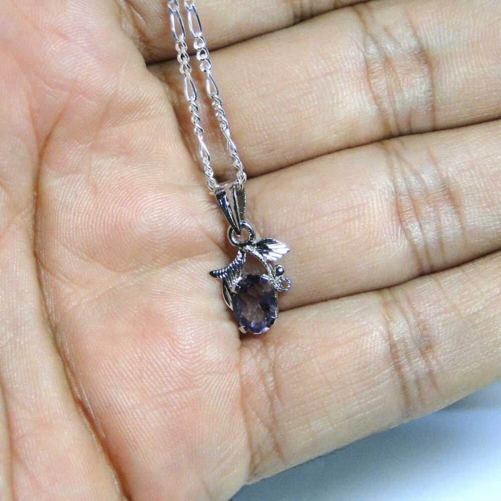 Nature's Crest - Amethyst Faceted Sterling Silver Designer Leaf Pendant - Amethyst Leaf Pendants Hand