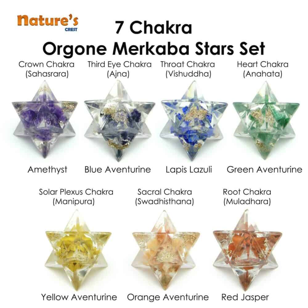 Nature's Crest - Chakra Orgone Merkaba Star 8 Point Set of 7 Pcs - Orgone Chakra Merkaba Stars