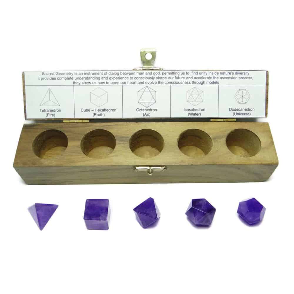 Nature's Crest - Amethyst Platonic Solids 5 Pcs Set Sacret Geometry Set - Amethyst 5 Pc Set Wooden