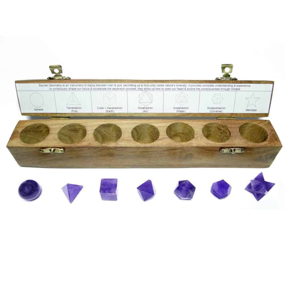 Nature's Crest - Amethyst Platonic Solids 7 Pcs Set Sacret Geometry Set - Amethyst 7 Pc Set Wooden