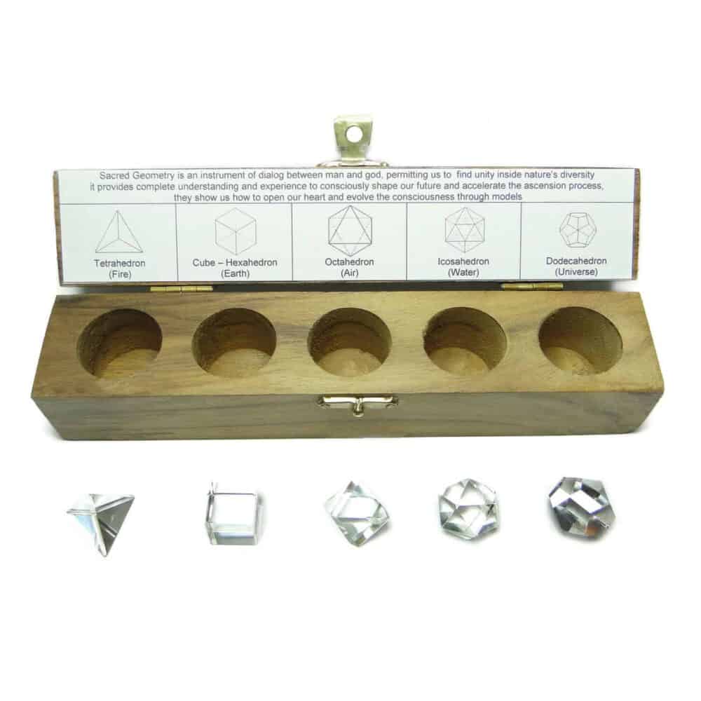 Nature's Crest - Crystal Quartz (Sphatik) Platonic Solids 5 Pcs Sacret Geometry Set - Crystal Quartz 5 Pc Set Wooden