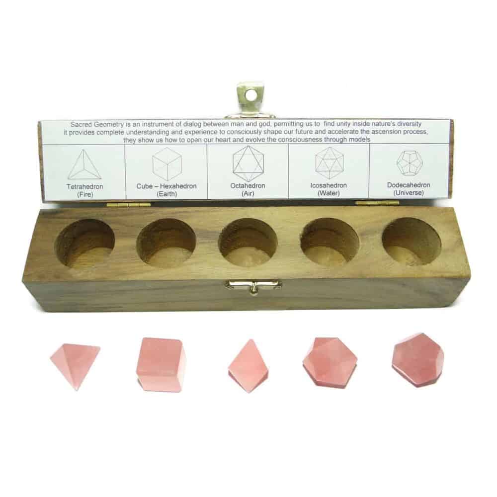 Nature's Crest - Rose Quartz Platonic Solids 5 Pcs Set Sacret Geometry Set - Rose Quartz 5 Pc Set Wooden