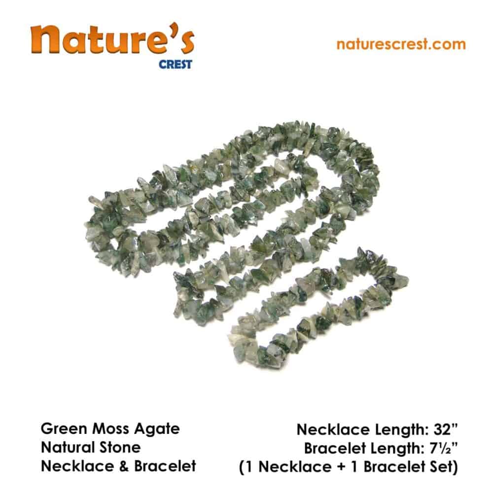 Nature's Crest - Green Moss Agate Chip Beads - Green Moss Agate Natural Stone Necklace Bracelet Set Vector