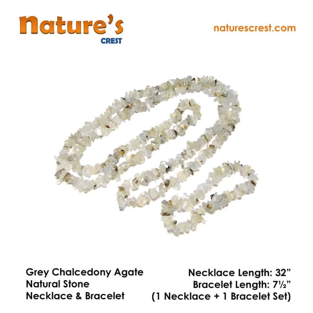 Nature's Crest - Grey Chalcedony Agate Chip Beads - Grey Chalcedony Agate Natural Stone Necklace Bracelet Set Vector