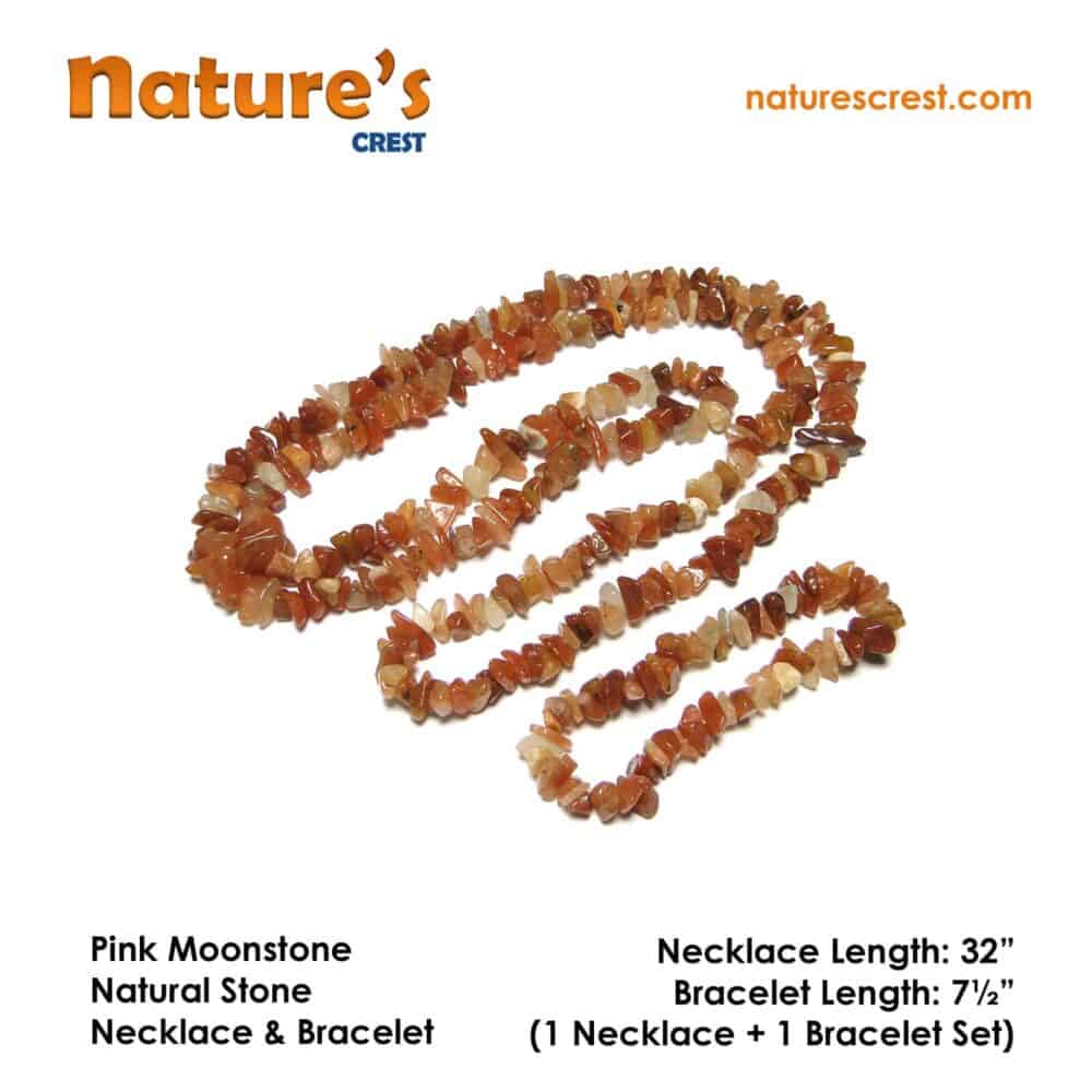 Nature's Crest - Pink Moonstone Chip Beads - Pink Moonstone Natural Stone Necklace Bracelet Set Vector