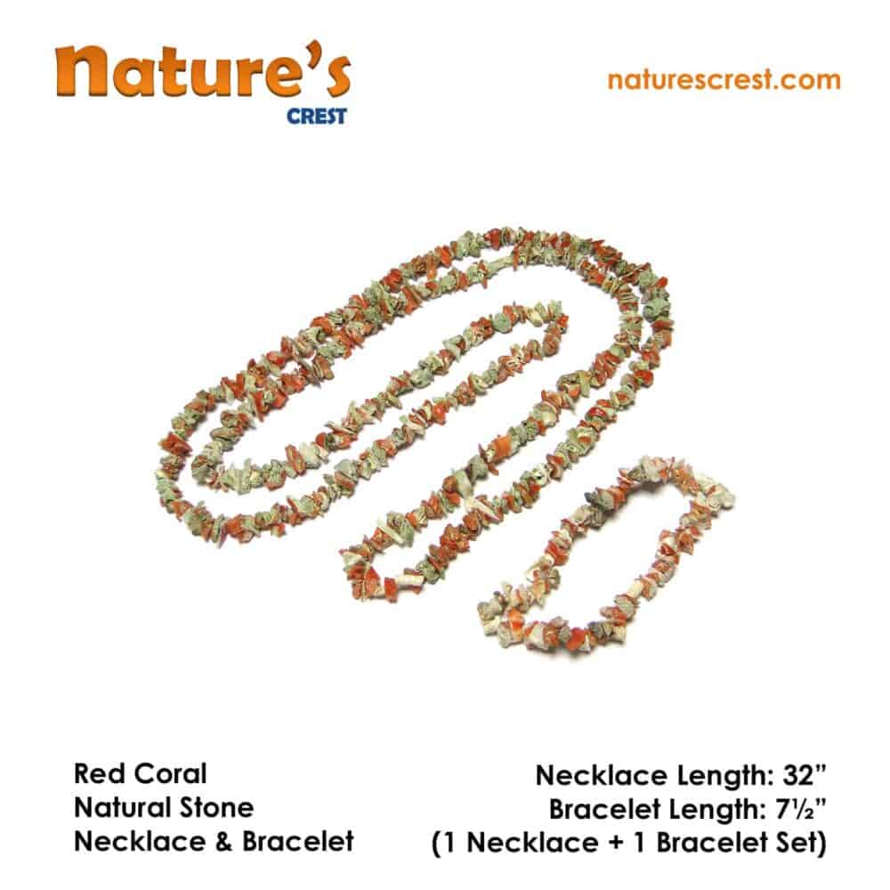 Nature's Crest - Red Coral Chip Beads - Red Coral Natural Stone Necklace Bracelet Set Vector