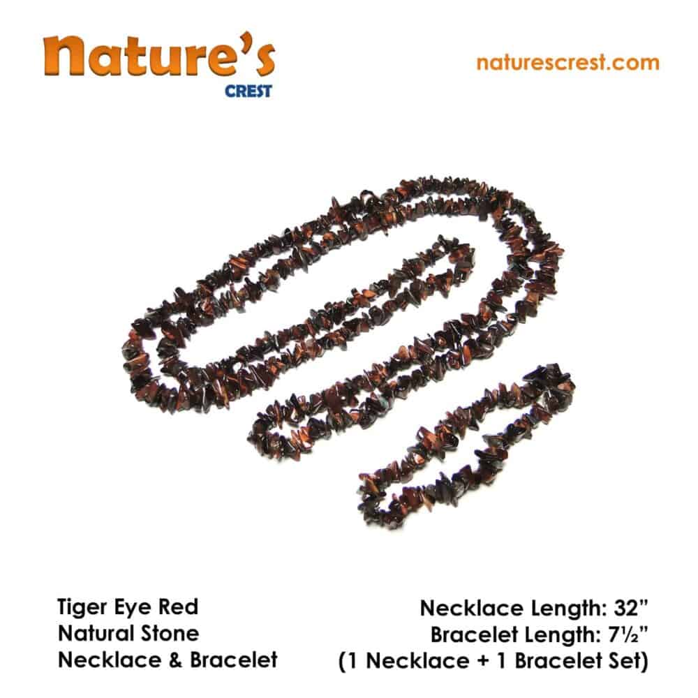 Nature's Crest - Tiger Eye Red Chip Beads - Tiger Eye Red Natural Stone Necklace Bracelet Set Vector