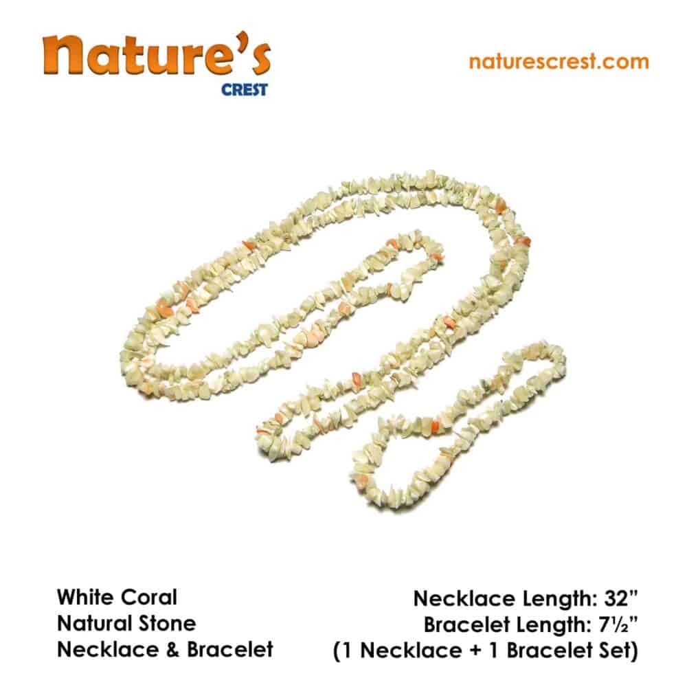 Nature's Crest - White Coral Chip Beads - White Coral Natural Stone Necklace Bracelet Set Vector