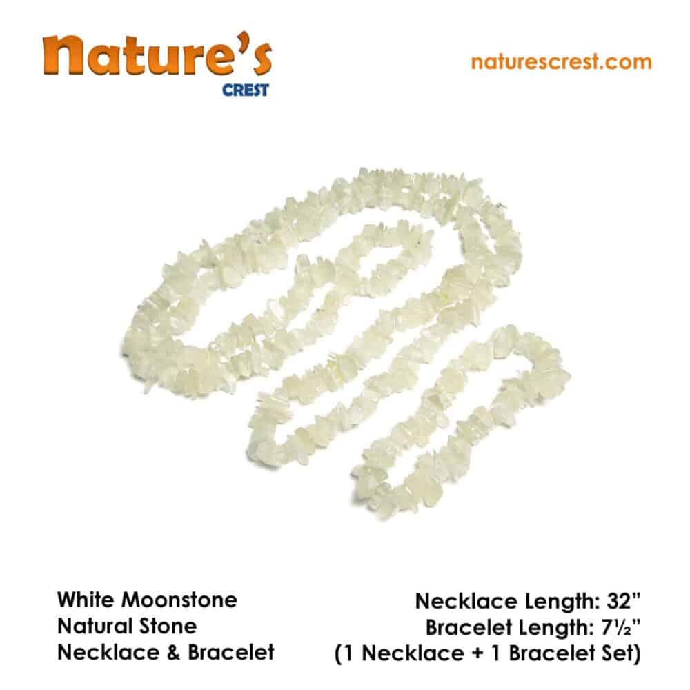 Nature's Crest - White Moonstone Chip Beads - White Moonstone Natural Stone Necklace Bracelet Set Vector