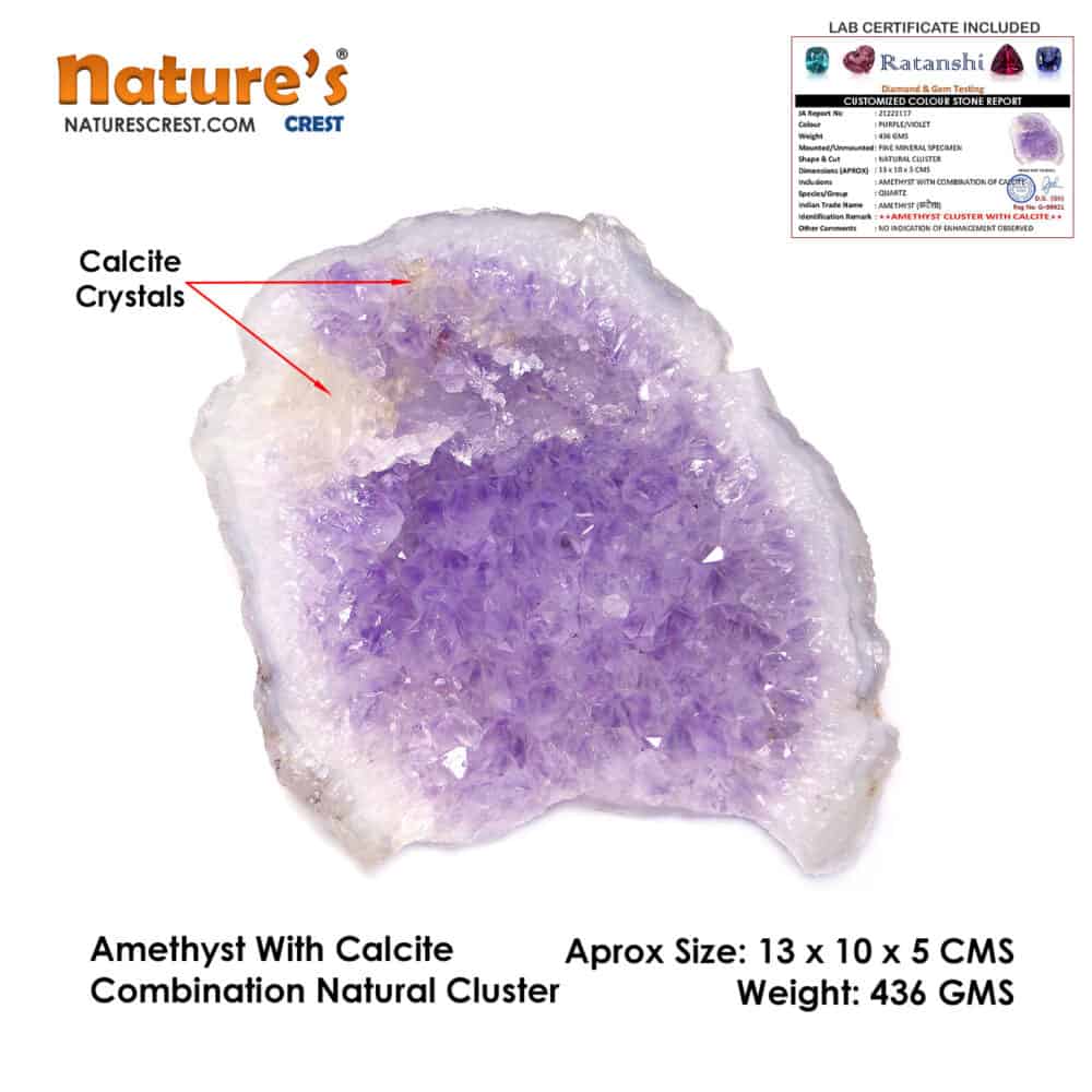 Nature's Crest - Amethyst With Calcite Natural Cluster (436 gms) - Amethyst Cluster Vector 436 gms